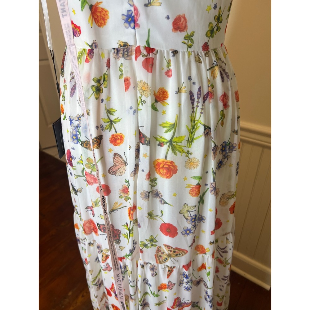 Mac Duggal Floral Butterfly Print Tiered Maxi Dress White V-Neck Tie Shoulder 4 - Picture 15 of 16
